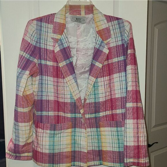 Vintage Bobbis Closet Pink Plaid Linen Blend Blazer - Picture 4 of 11